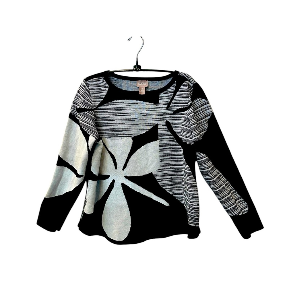 CHICO’S Artsy Black and White Crewneck Long Sleeve Sweater Size 2 (Large)